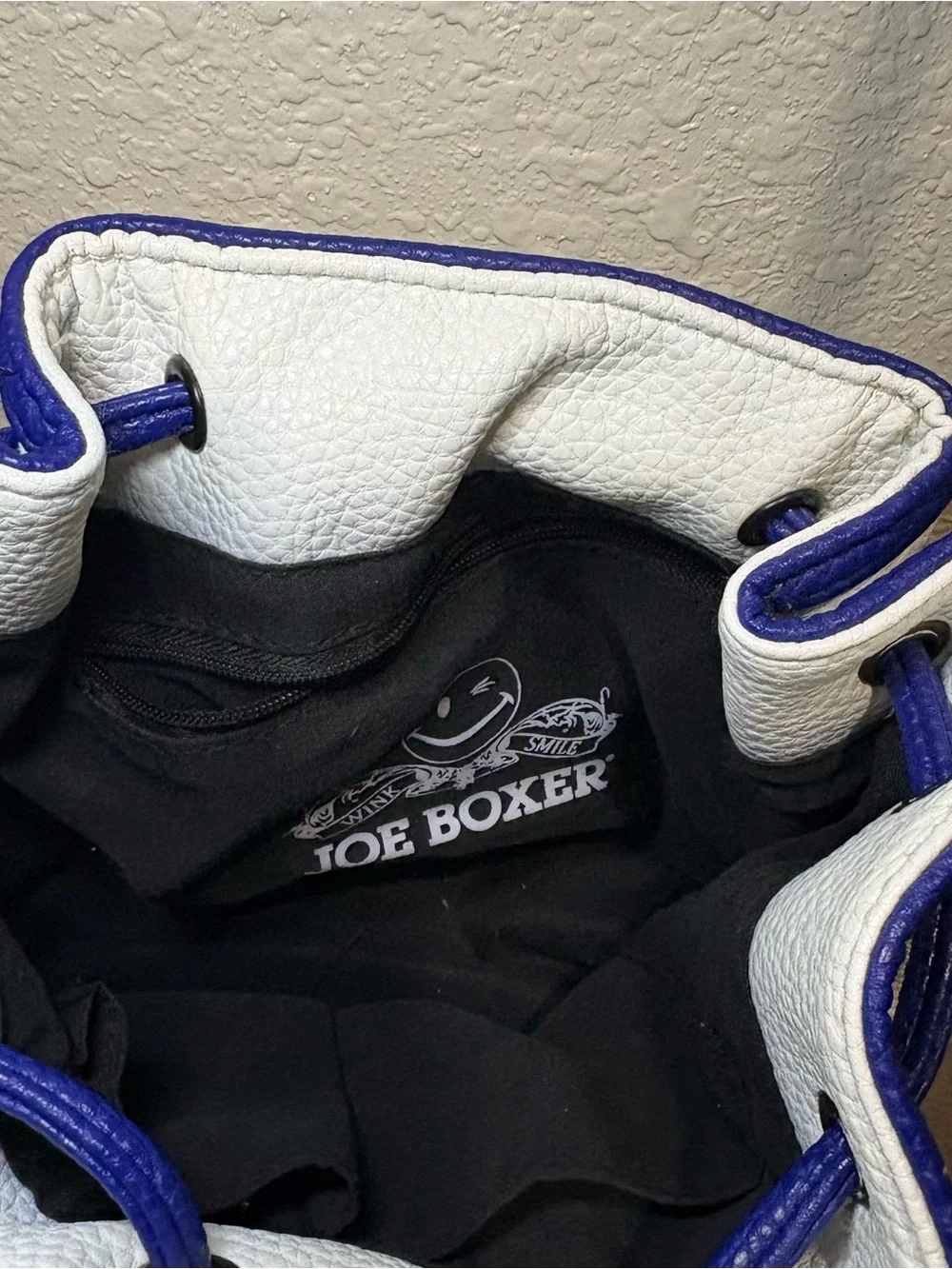 Joe Boxer White and Blue Drawstring Crossbody Bag by